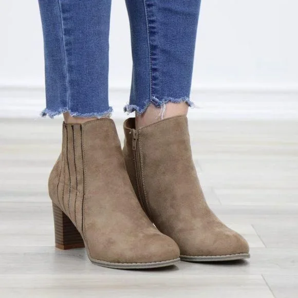Faux Suede Bock Heel Ankle Bootie - Picture 3 of 13